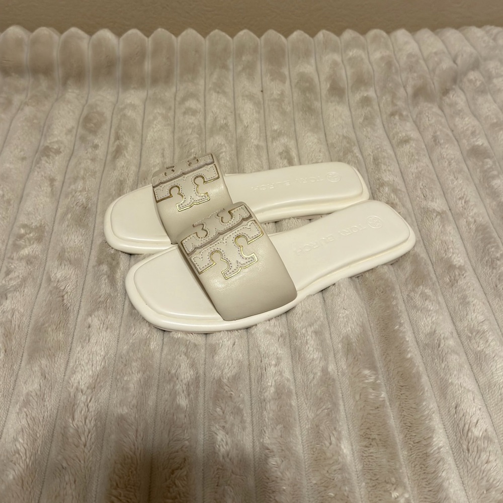 Tory Burch Double T Sport Slide Light Cream / Gold Women’s Size 8.5